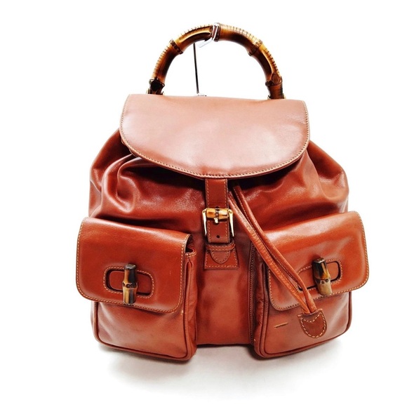 Gucci Handbags - Gucci Brown Leather Backpack with Bamboo Handle